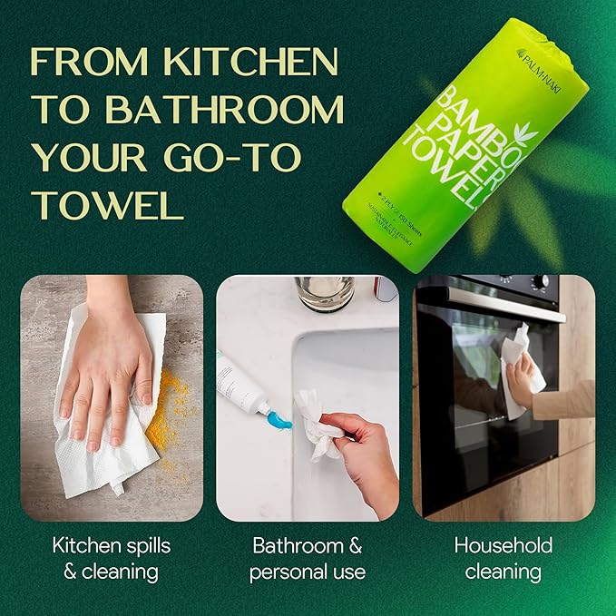 100% Bamboo Paper Towels | Lint-Free, Eco-Friendly, Tree-Free | 2-Ply Kitchen Paper Towel | Food Grade – FSC-Certified, BPA/PFAS-Free | 12 Mega Rolls – 150 Sheets/Roll | PALM NAKI