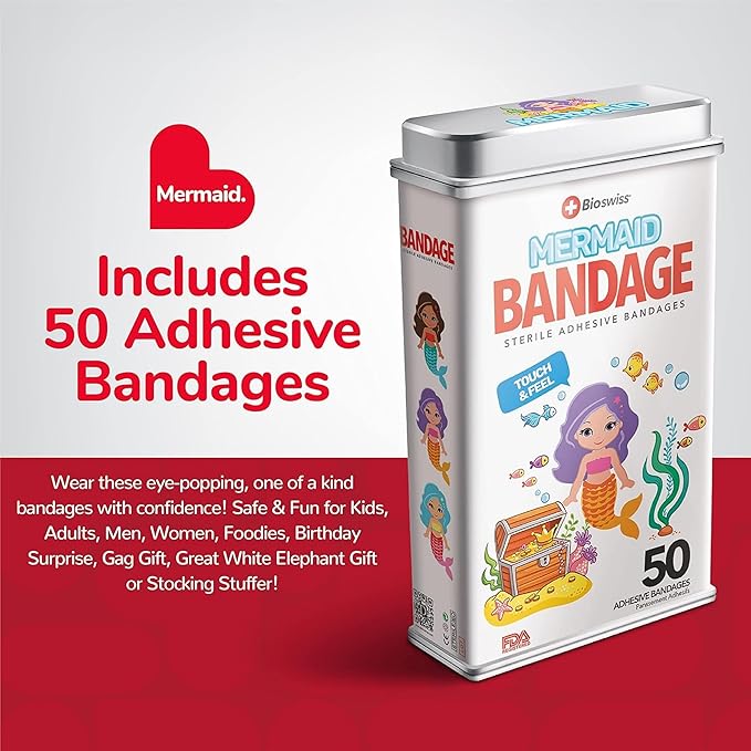 BioSwiss Kids Bandages, Mermaid Shaped Self Adhesive Bandage Set, Latex Free, Sterile Wound Care, 50 Count
