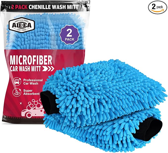 AIDEA Car Wash Mitt Microfiber2PK, Scratch-Free& Lint-Free, Premium Chenille Microfiber Wash Mitt-Blue Extra Large Size (8''X12'')