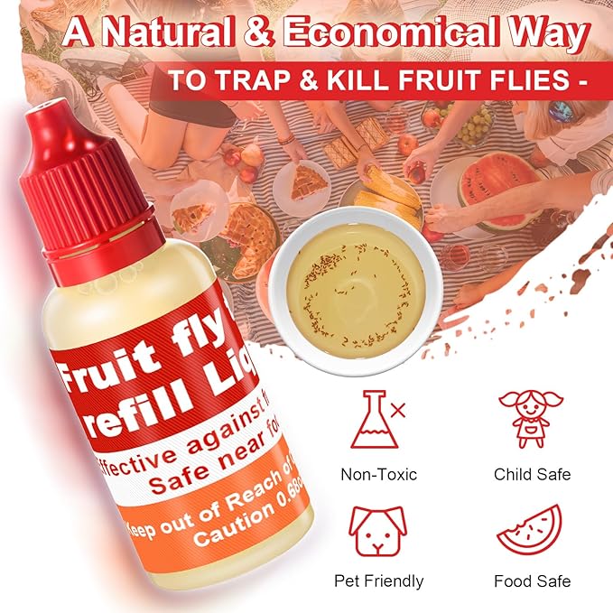 Qualirey 4 Pack Fruit Fly Trap Refill Liquid, 0.68oz/ Bottle Liquid Fruit Fly Traps for Indoors Non Toxic Safe Near Food, Effective Lure Refill for Indoor and Kitchen Use, Red