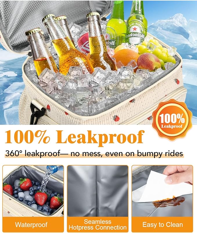 Insulated Lunch Bag for Men & Women - Leakproof Lunch Box Soft Cooler Tote, Adjustable Strap, Reusable Lunch Box for Work Office Picnic Beach Travel-Corduroy Strawberry