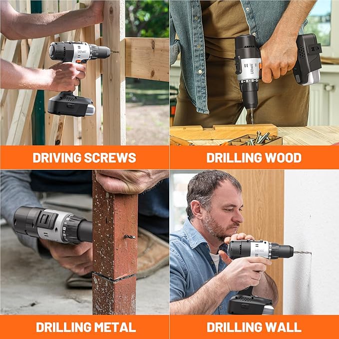 Litheli 20V Cordless Drill Driver Set, Electric Power Drill with 2 Variable Speed Settings, 1/2 Inch Keyless Chuck, 21+1 Clutch Settings with Maximum Torque of 443 In-lbs