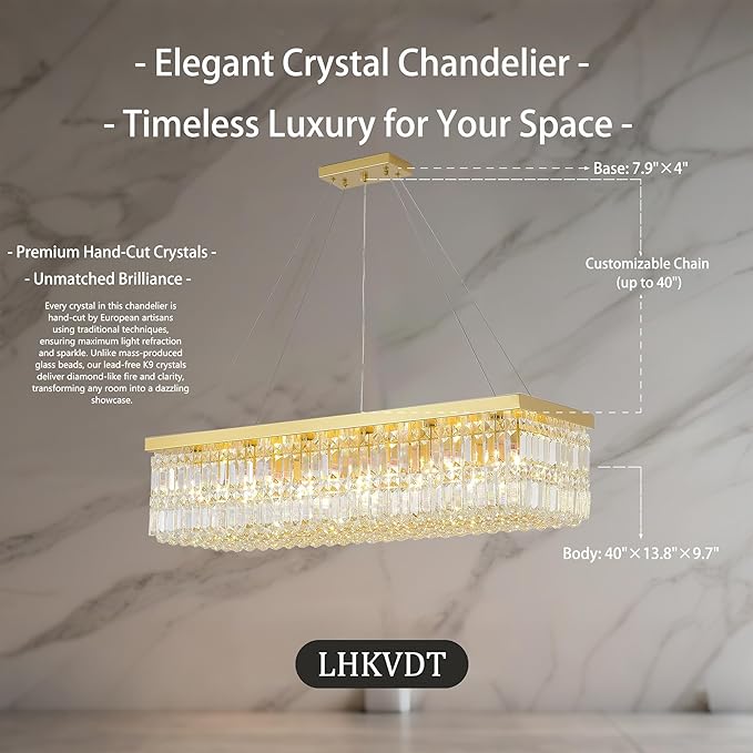 Gold Rectangular Crystal Chandelier 18-Light, Premium K9 Raindrop Chandelier with Adjustable Suspension Chain, Dimmable Hanging Light for Spacious Living Room, Grand Dining Room, 40" L x 10" W