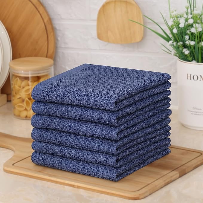 Kitinjoy 100% Cotton Kitchen Dish Cloths, 8 Pack Waffle Weave Ultra Soft Absorbent Dish Towels for Drying Dishes Quick Drying Kitchen Towels Dish Rags, 12 X 12Inch, Navy Blue