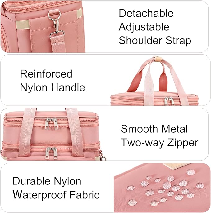 Lunch Box for Men Women - Double Deck Insulated Lunch Bag, Large Leak Proof Tote Cooler, Wide Open Dual Compartment Lunch Bags with Shoulder Strap, For Work Picnic Hiking Beach, Pink