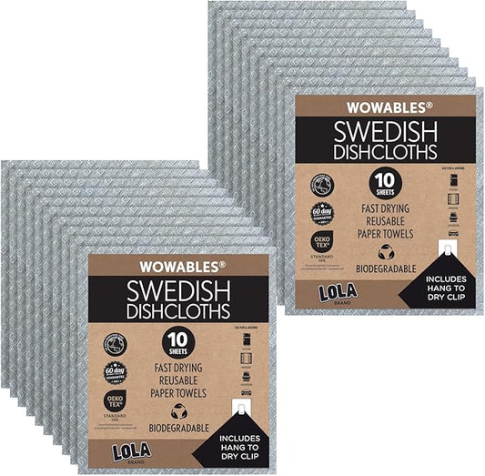 LOLA Swedish Dishcloths 20 Pk Biodegradable Reusable Paper Towels Absorbent Cellulose Kitchen Sponge Cloths Zero Waste Odor Free, Made in Germany