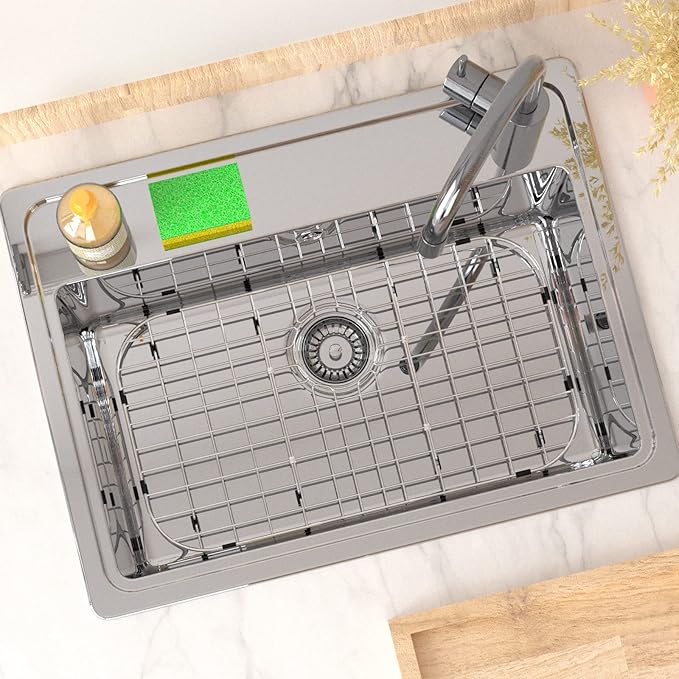 Sink Grid Protector 26" x 14" for Kitchen,Sink Rack with Rear Drain Hole and Corner Radius:3-1/2",Metal Sink Bottom Grate for Single Bowl,304 Stainless Steel,Rust Resistant