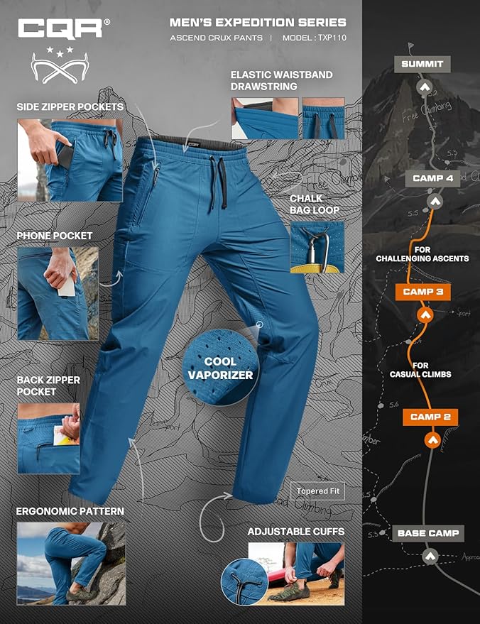 CQR Men's Lightweight Vent Hiking Pants, Water-Resistant & Breathable Sports Outdoor Athletic Pants with Elastic Waist