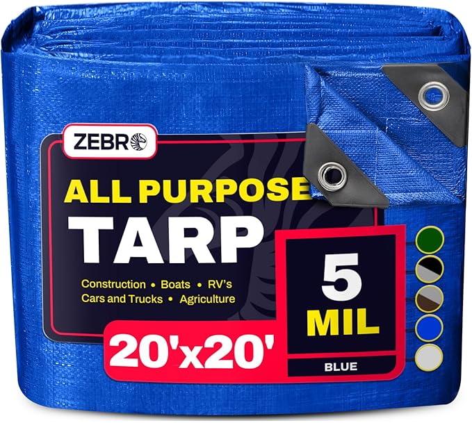 20' x 20' Blue Tarp with Grommets Reinforced - 5 Mil Thick - Durable UV Resistant Plastic Tarps Waterproof - Large Tarpaulin Cover for Outdoor Camping Over/Under Tent Tarp RV Roof Rain - Zebro