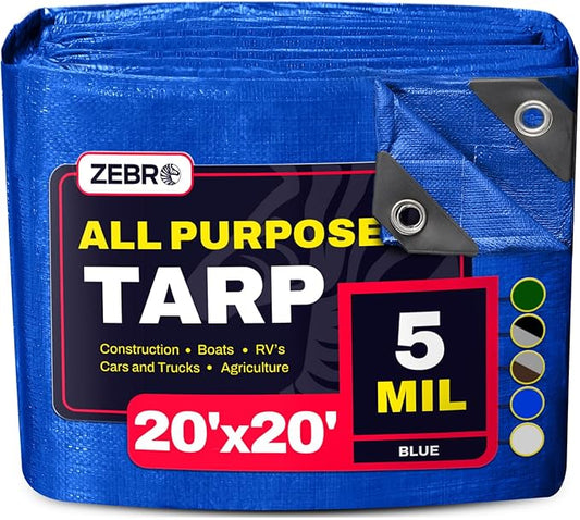 20' x 20' Blue Tarp with Grommets Reinforced - 5 Mil Thick - Durable UV Resistant Plastic Tarps Waterproof - Large Tarpaulin Cover for Outdoor Camping Over/Under Tent Tarp RV Roof Rain - Zebro