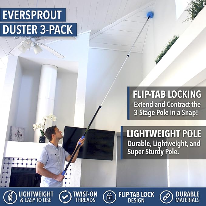 EVERSPROUT 5-to-12 Foot Duster 3-Pack with Extension-Pole (20+ Foot Reach) | Hand-packaged Cobweb Duster, Microfiber Feather Duster, Flexible Microfiber Ceiling & Fan Duster | Aluminum Telescopic Pole
