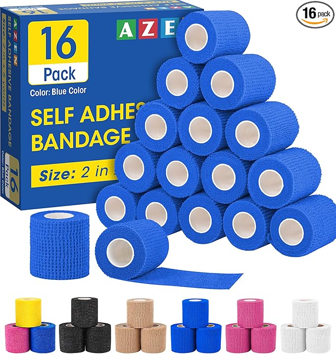 AZEN 16 Pack Self Adhesive Bandage Wrap Pink, 2" X 5 Yards Elastic Cohesive Bandage Wrap, Athletic Tape, Vet Wrap, Ankle Tape, Tattoo Grip Tape Wrap (Blue)