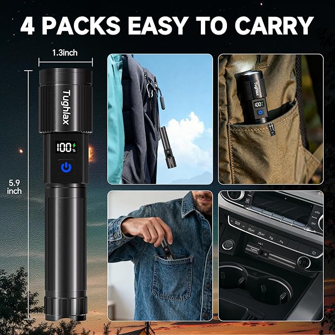 4Pack Rechargeable Flashlights High Lumens, LED Flashlight Rechargeable with LCD Digital Display, 5Modes Adjustable Flash Light, Super Bright Flashlight Powerful, Tactical Flashlights for Home
