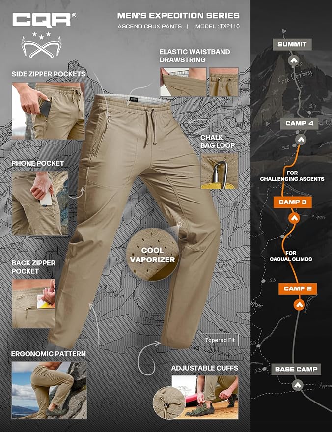 CQR Men's Lightweight Vent Hiking Pants, Water-Resistant & Breathable Sports Outdoor Athletic Pants with Elastic Waist