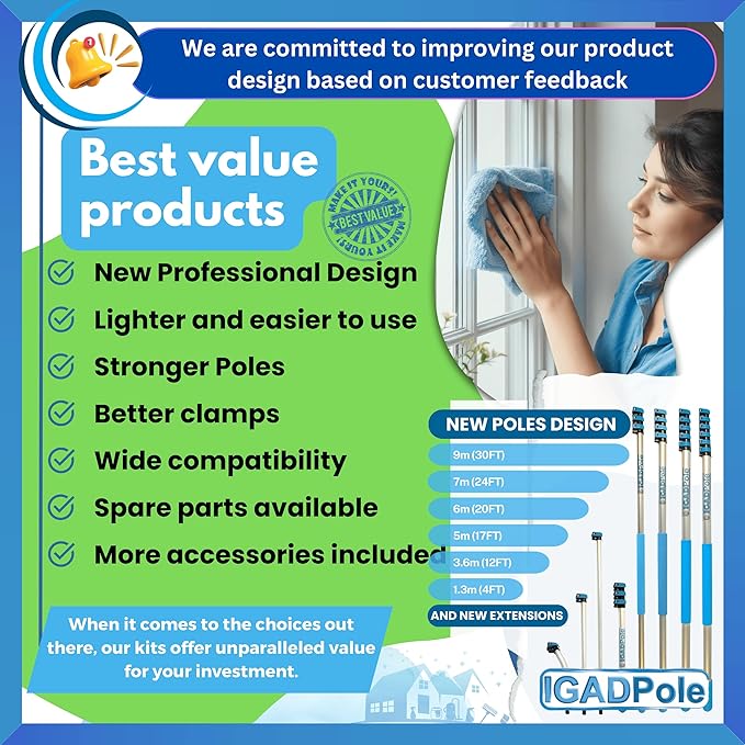 23ft IGADPole Washing Kit: Water-fed Brush with Soap Dispenser, Cobweb Dusters, with 4-Stage Telescoping Pole 5-17ft Pole/Window and Dusting Cleaning Kit