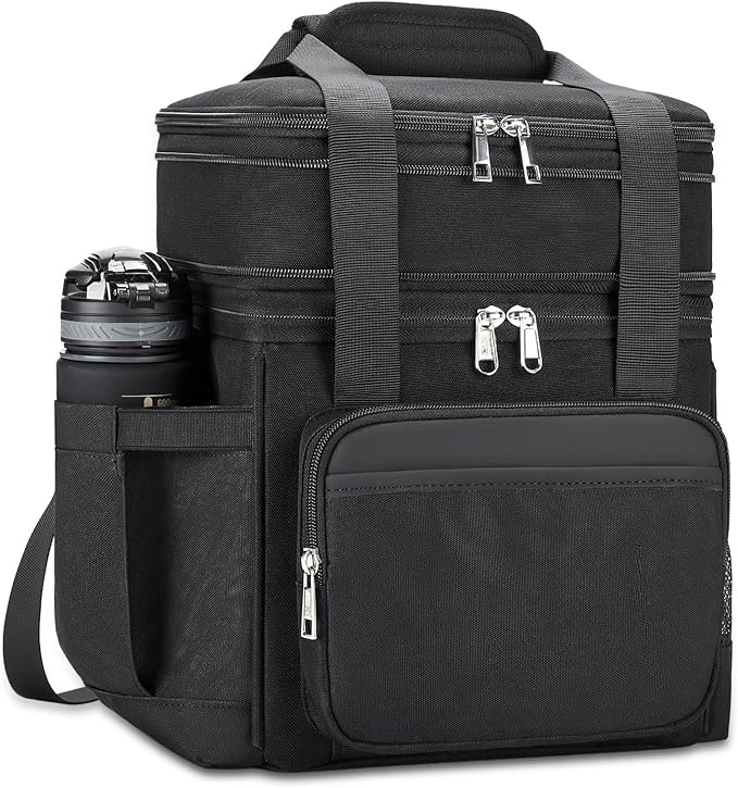 Insulated Lunch Bag & Lunch Box for Men - Double Deck Reusable Lunch Bag for Women Tote Cooler Bag Leakproof Soft Expandable - Large Lunchbox for Work/Adult/Picnic/Outdoor (Black，15L)