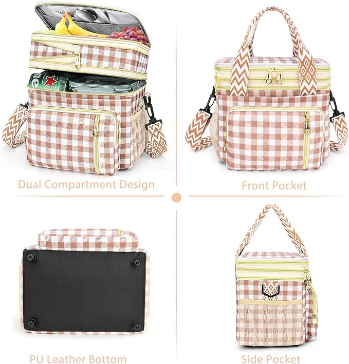 LOKASS Lunch Box for Women-16L-Insulated Lunch Bag Women, Expandable Double-layer Leakproof Cooler Bag with Upgrade Adjustable Shoulder Strap Ideal for Work/Travel/Picnics（Brown&White Check）