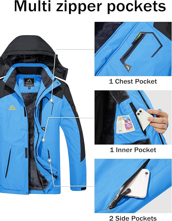 MAGCOMSEN Men's Winter Coats Water Resistant Ski Snow Jacket Warm Fleece Jacket Parka Raincoats With Hood Multi-Pockets