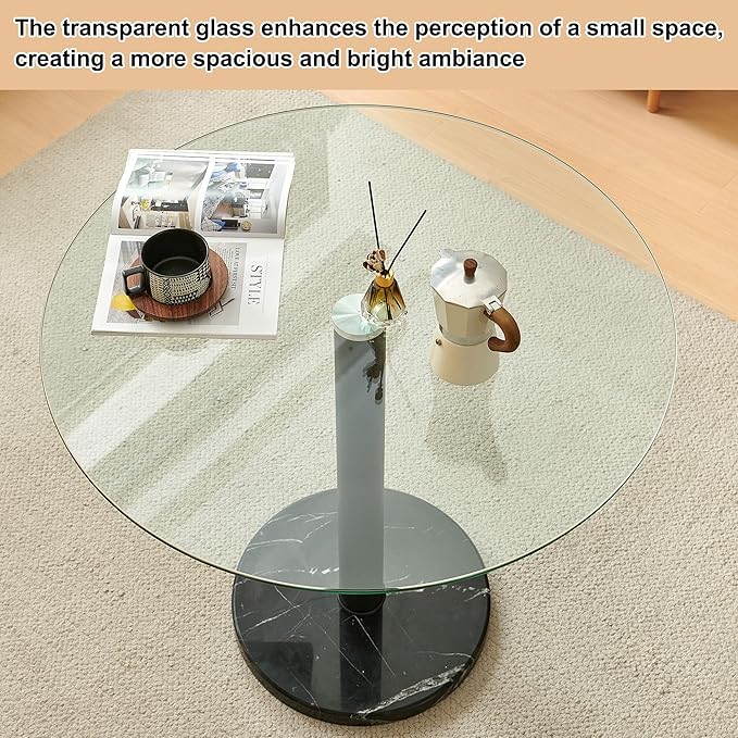 Modern Circle Dining Table Set for 4, 35.43-Inch Kitchen Coffee Table Set with 4 Seated Dining Chairs Upholstered Velvet Reception Room Chairs, Tulip Glass Table Set, Metal and Marble Base