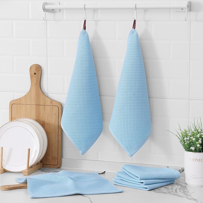 Kitinjoy 100% Cotton Kitchen Dish Cloths (12 X 12 Inches, Sky Blue),12 Pack Waffle Weave Ultra Soft Absorbent Dish Towels for Drying Dishes Quick Drying Kitchen Towels Dish Rags