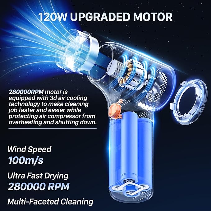 Mini Electric Air Duster,280000RPM Turbo Blower with High Speed Fan,3 Adjustable Rechargeable Cordless Jet Fan Air Blower, Compressed Air Duster for Computer Workbench Car (Black)