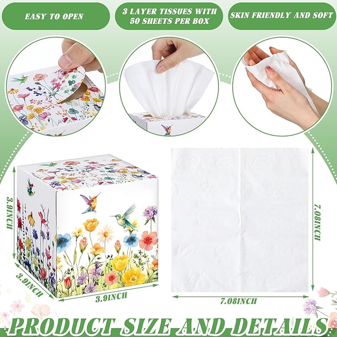 12 Pack Fall Floral Facial Tissues Cube Boxes 600 Sheets 3 Ply Small Square Flower Hummingbird Face Tissues Bulk for Autumn Christmas Car Bedroom Supplies