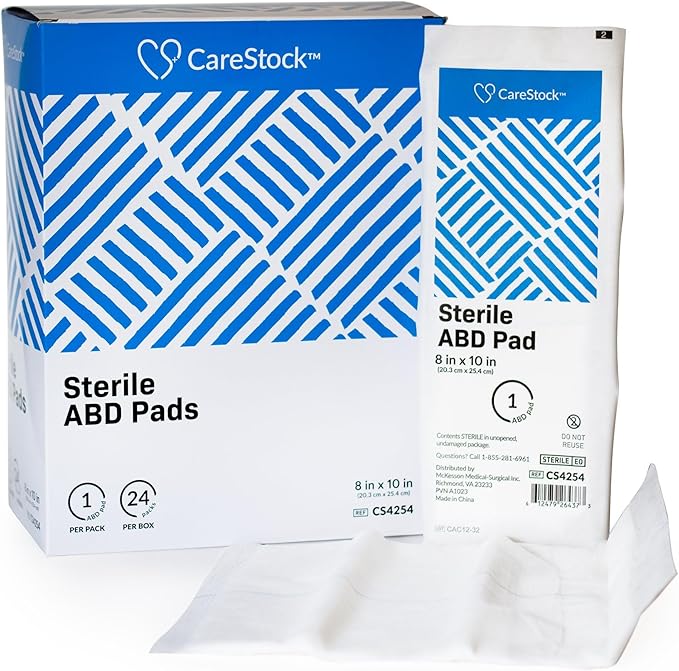 CareStock Abdominal Pad - Highly Absorbent Nonwoven Cellulose ABD Pads, Wound Care First Aid - Individually Packed, Sterile - 8 in. x 10 in., 24 Count, 1 Pack†, White