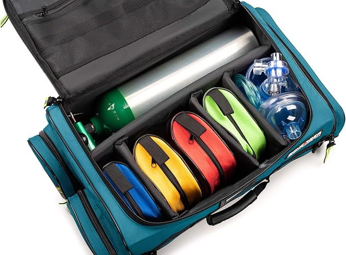 Scherber Fully Stocked First Responder Ultimate Professional EMT/EMS Trauma Kit | HSA/FSA Approved | w/10+ Compartments, Zippered Pockets, Dividers, Oxygen Access & 260+ First Aid Supplies (Blue)