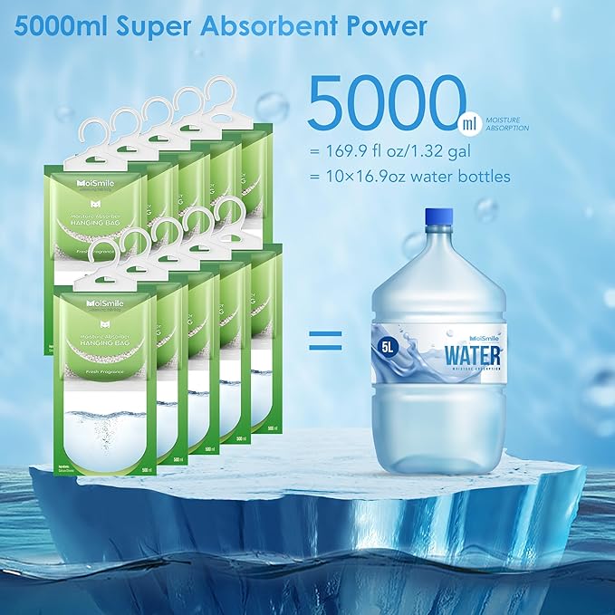 Moisture Absorbers Bag, Hanging Closet Dehumidifier Bags for Car, Bathrooms, Humidity Packs with Fresh Fragrance, 9.8OZ, 10 Pack