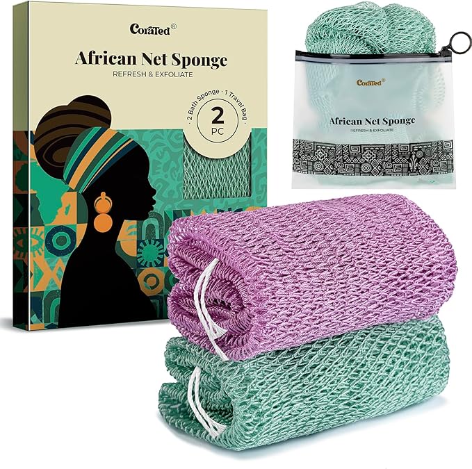 CORATED African Net Sponge Authentic, Shower Loofah Exfoliating Bath Sponge, Body Scrubber for Women and Men Daily Use Body Care, Portable Bath Accessories for Bathroom (Light Purple & Light Green)