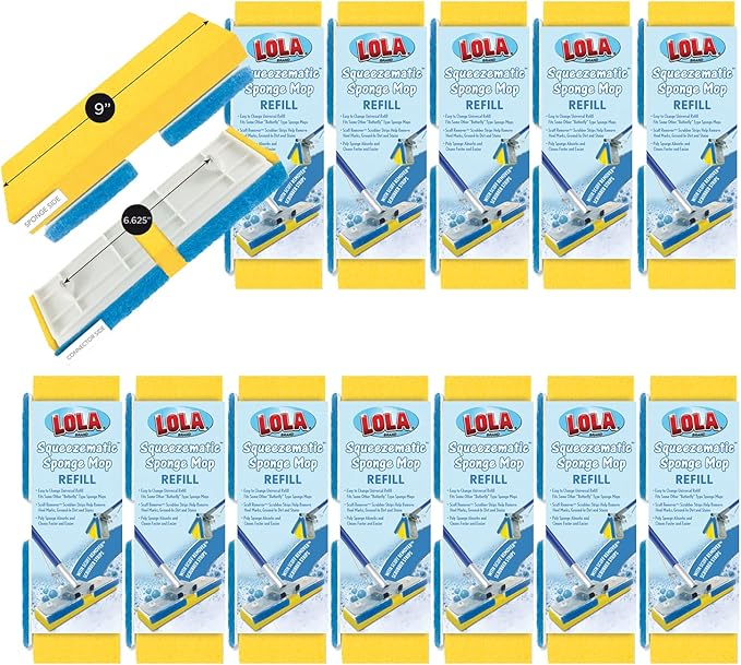 LOLA Squeeze Matic Butterfly Sponge Mop Refill, 9", 12 Pack Replacement Head, Floor Cleaning, Comparable w/Quickie Type S Sponge Mop Refill