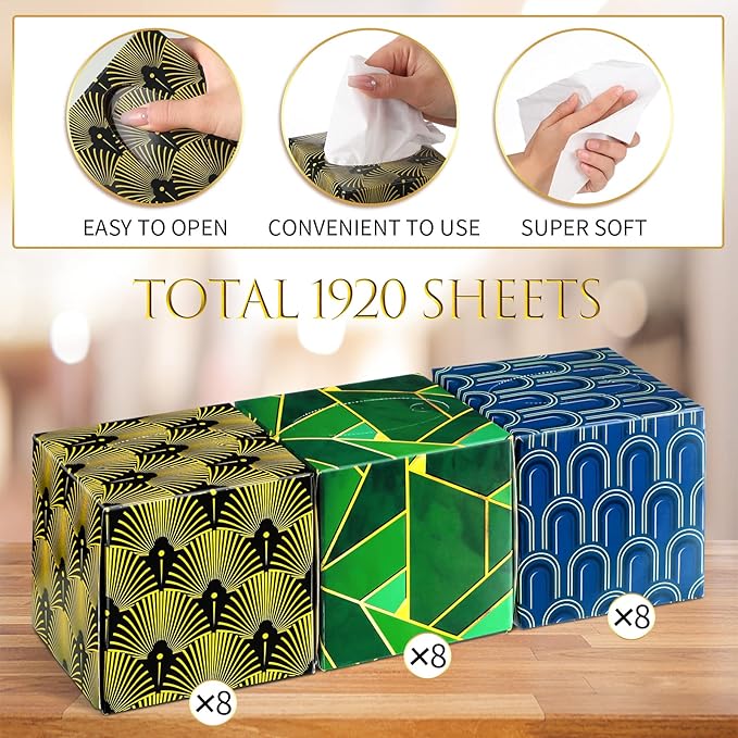 24 Boxes Tissues Cube Box Facial Tissues Boxes Geometry Flower Designed Tissues 2 Ply 80 Sheets Each Box Facial Tissues Household Tissues for Bathroom Kitchen Bedroom (Geometry)