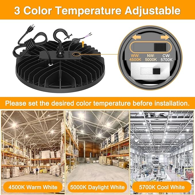10 Pack UFO LED High Bay Light 150W 120W 90W Adjustable High Bay LED Shop Lights 4500K 5000K 5700K Tunable 0-10V Dimmable for Warehouse Garage ETL DLC Listed AC100-277V