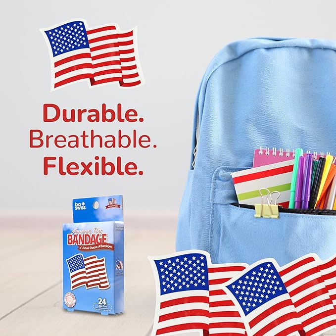 BioSwiss Kids Bandages, American Flag Shaped Self Adhesive Bandage Set, Latex Free, Sterile Wound Cares, 24 Count