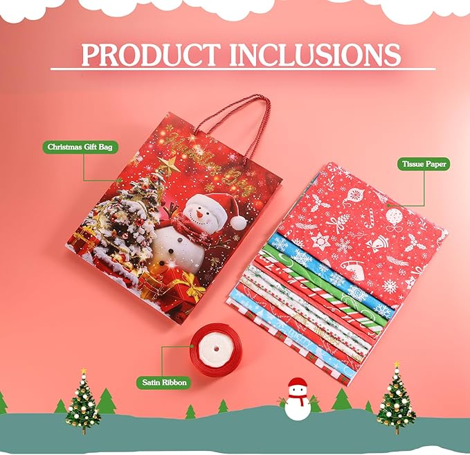 Rusikia 12 Christmas Gift Bags with 12 Tissues and 1 Satin Ribbon, Red Party Favor Bags Bulk with Handles, Glittery Cute Tree Snow-man Paper Bag for Xmas Holiday Birthday Wedding (Small 9"x7"x3")