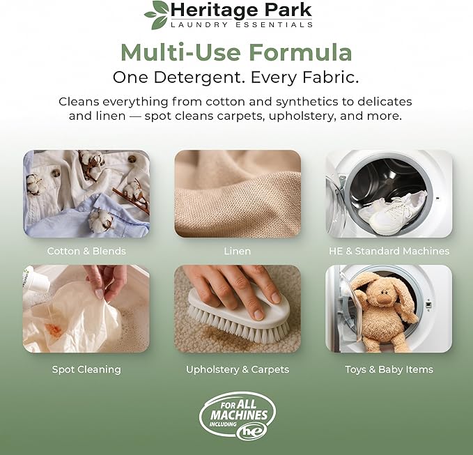 Heritage Park All-Purpose Fragrance Free, Hypoallergenic, pH-Neutral Laundry Detergent - Dermatologist-tested, Sensitive Skin-Friendly, Stain-Fighting Enzymes, 3x Concentrated (64 fl oz Refill Pouch)