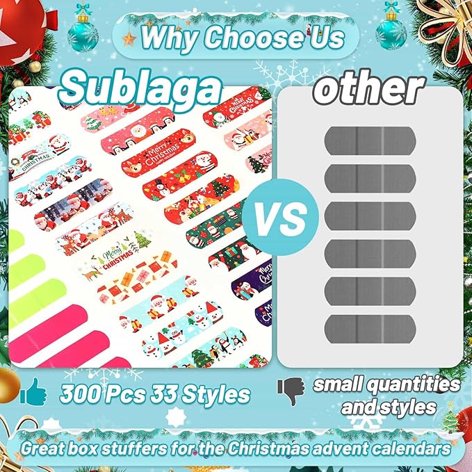 300 Pieces Christmas Kids Bandages 33 Styles Christmas Bandage for Kids Children's Adhesive Flexible Santa Claus Cartoon Bandages Breathable Protection Care Cuts for Girls Boys(Christmas)