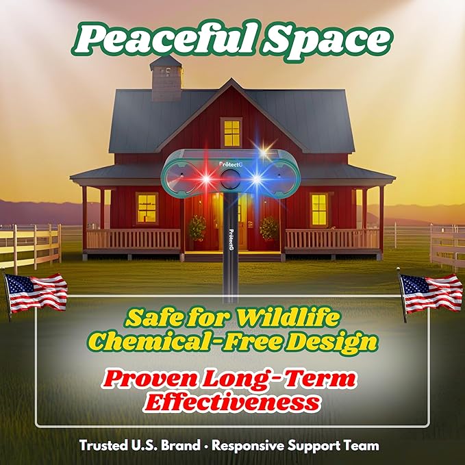 2 Pack Solar Ultrasonic Animal Repellent - Extended Coverage Deterrents - Waterproof Farm, Orchard, Large Yard Wildlife Defense for Cat, Squirrel, Raccoon, Skunk, Bird, Deer Repeller