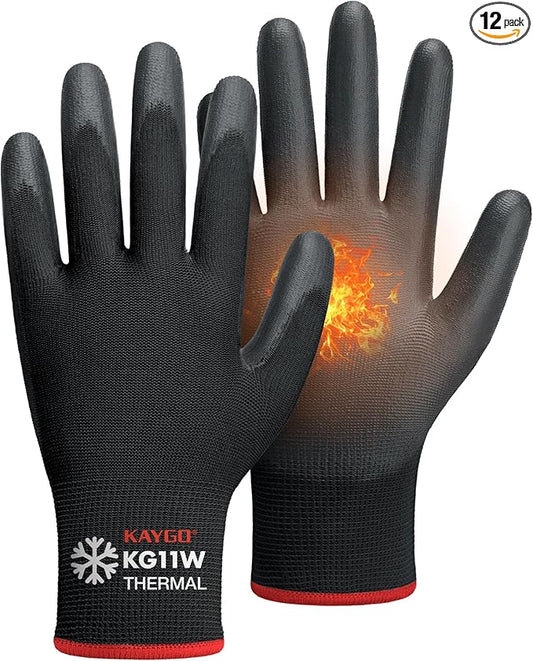 KAYGO Winter Work Gloves for Men and Women, 12 Pairs Thermal Insulated Safety Work Gloves PU Coated, Smooth Grip on Palm & Fingers,Ideal for Freezer Work,Black,XL