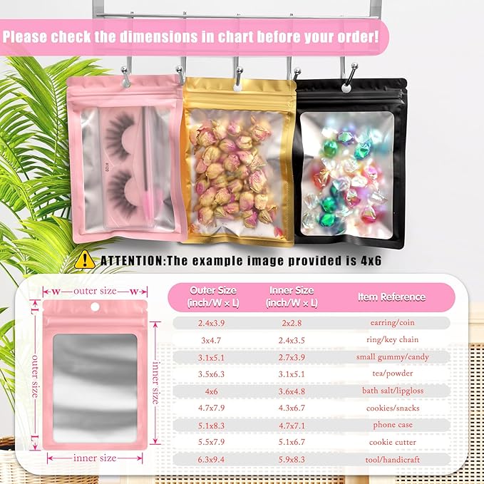 FUNFERY 100 Pack Mylar Resealable Bags Foil Packaging Bags with Clear Window,Zipper Pouch Smell Proof Bag for Food Storage,Cookies,Sample,Small Business(Pink,7x10inch)