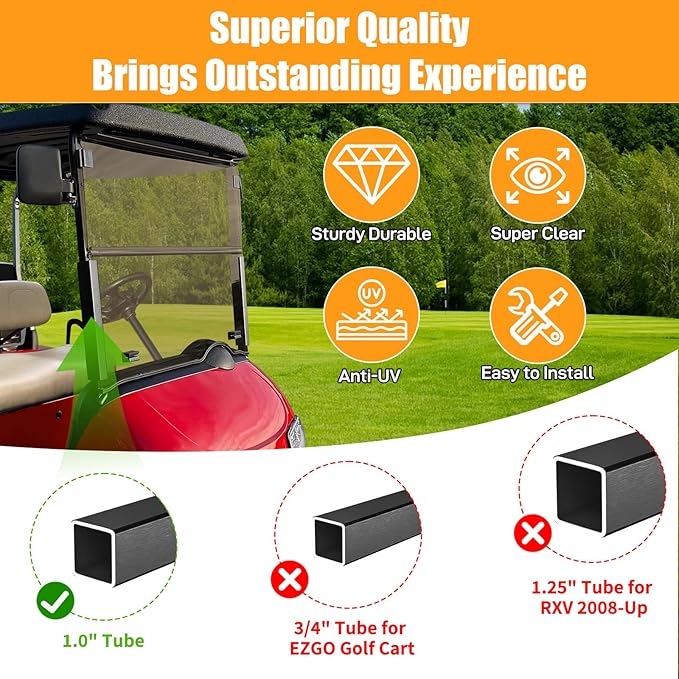 Golf Cart Foldable Windshield Fits 2008-Up EZGO RXV / Freedom RXV Only, 3/16" (5MM) Thicken Fits 1-1/4" Struts, Front Folding Windshield Replacement, Included Hardware