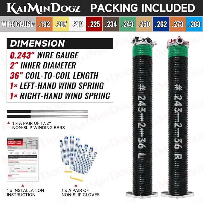 Pair of 2" Garage Door Torsion Springs Set with Non-Slip Winding Bar & Gloves,High Precision Electrophoresis Black Coated, for Replacement & Installation, MIN 16,000 Cycles (0.243x2''x36'')