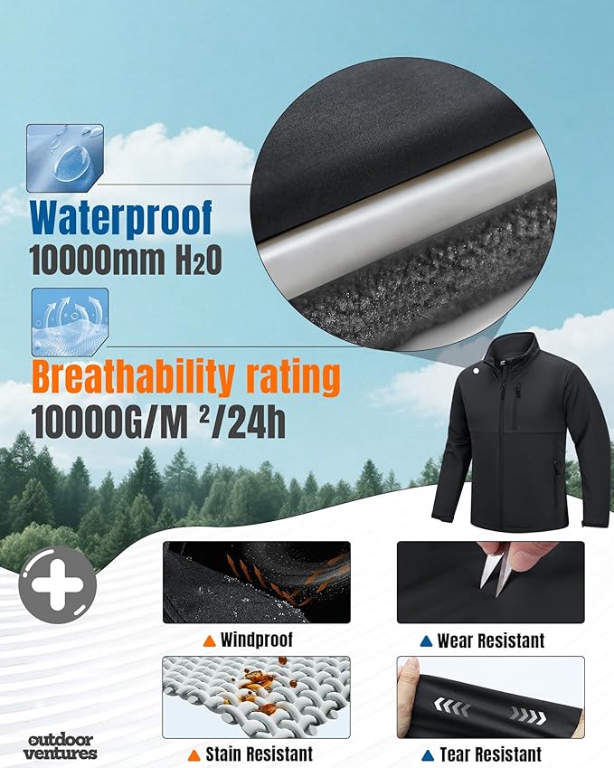 Outdoor Ventures Men's Softshell Jacket Waterproof Fleece Lined Rain Shell Jacket Lightweight Windbreaker for Hiking Travel