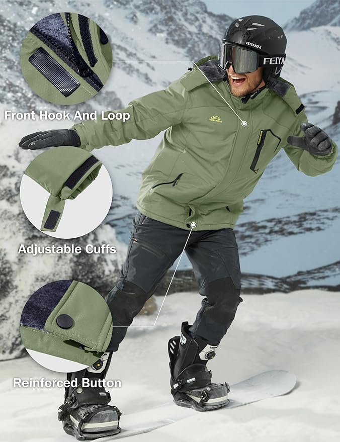 MAGCOMSEN Men's Winter Coats Water Resistant Ski Snow Jacket Warm Fleece Jacket Parka Raincoats With Hood Multi-Pockets