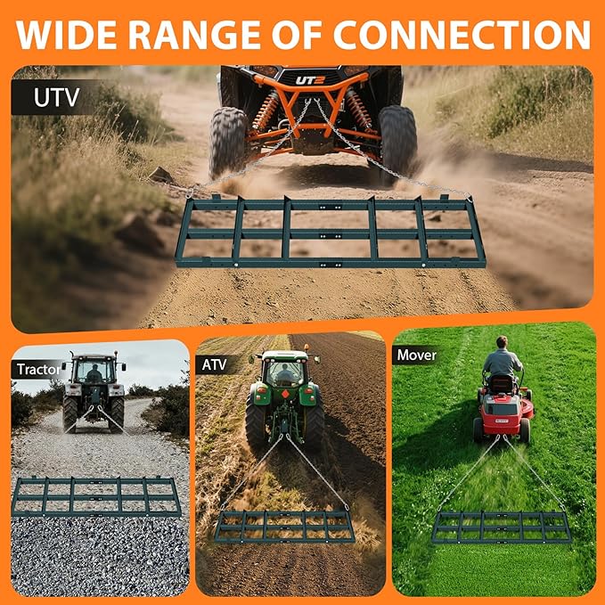 8FT Drag Harrow Driveway Grader, Driveway Drag with 6 FT Chain, Heavy Duty Power Rake for Gravel, Sand, Lawn, Soil, Hay, ATV, UTV, Mower, Tractor