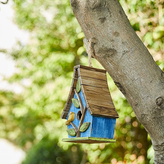 Glitzhome 9.5" H Hanging Bird House for Outdoor Patio Garden Decorative Pet Cottage Distressed Wooden Birdhouse with Natural Wood Slatted Roof and 3D Tree,Washed Blue