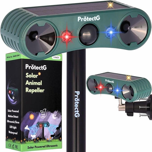 Solar Ultrasonic Animal Repellent Outdoor - Motion Activated Deterrent with Flashing LED Lights - Waterproof Yard & Garden Protector for Deer, Cat, Squirrel, Raccon, Rodents, Bird Repeller (1 Pack)