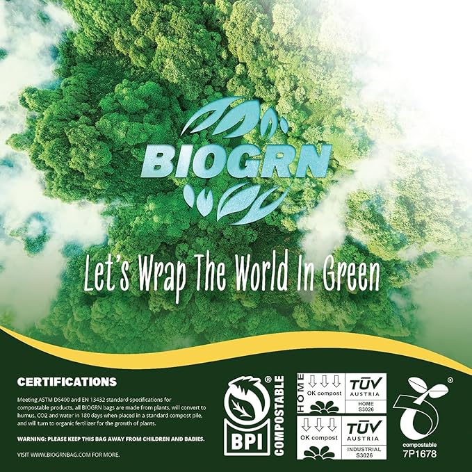 10-13 Gallon Compostable Trash Bags with Flat-Top 50 Bags Thick 0.87 Mil Leakproof Plant-based Tall Kitchen Wet Food Scrap Waste, ASTM D6400, US BPI and OK Compost Home Certified