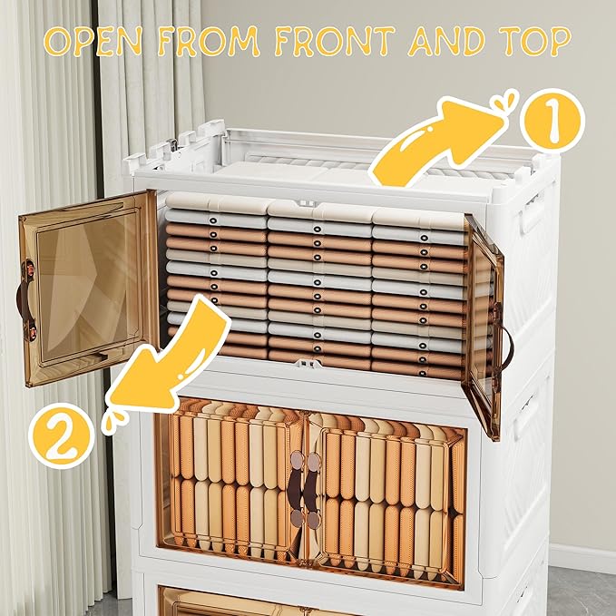 Storage Bins with Lids and Wheels, Collapsible Bathroom Storage Cabinet with Clear Doors, Plastic Stackable Closet Organizers and Storage Containers White 942 QT