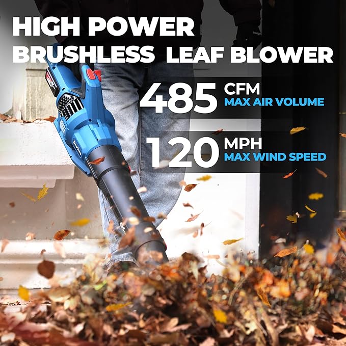 Dong Cheng Brushless 20V Leaf Blower, 485 CFM Variable Speed & Turbo Mode, Cordless Leaf Blower with 3 Nozzles, Shoulder Strap, 4.0Ah Battery and Charger, Blowing Leaves for Patio, Lawn & Garden